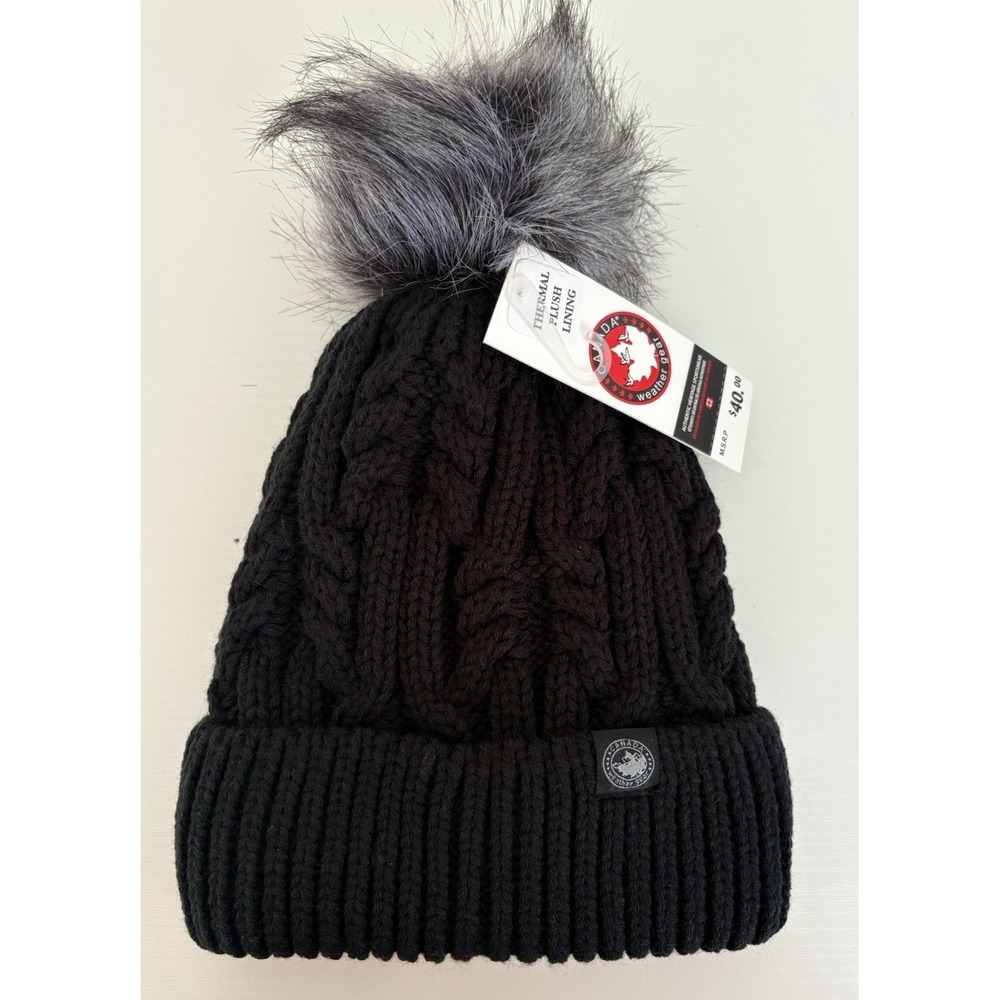 NWT Canada Weather Gear Women's‎ Beanie Hat Black Plush Lined W/Pom Pom Gorpcore